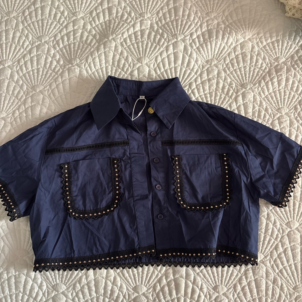 Navy Cropped Shirt with Beaded Trim